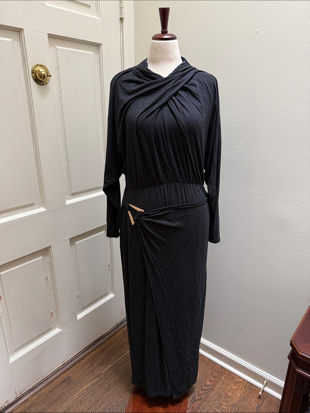 ASOS Black Draped Long Sleeve Maxi Dress with Side Knot